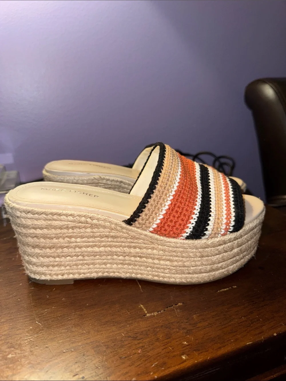 MARC FISHER Meflannia Crochet Espadrille Platform Slide Sandals Size 8.5M